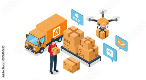 Isometric Logistics and Delivery Services with Truck, Drone, and Worker.