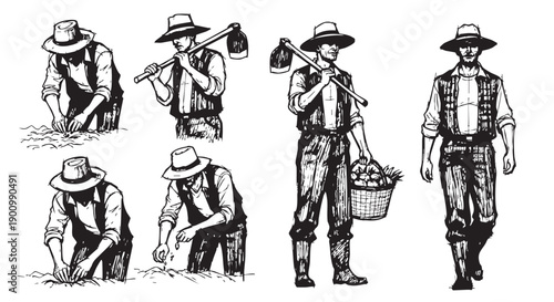Black and white illustration of farmers planting seeds, harvesting vegetables, a vintage graphic art style image that depicts agriculture and farming.