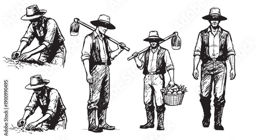 Black and white illustration of farmers at work, planting crops, carrying hoes, and walking with a basket of produce. Use for agriculture or rural themes.