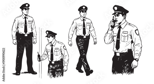 Line drawing illustration of security guards in uniform, standing, walking, using radio, perfect for security concepts and security needs.