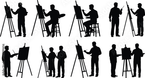 Artist, silhouettes, painting, on, easel, set, creative, people, working, studio, art, process, illustration, isolated, white, background, professional, painters, collection