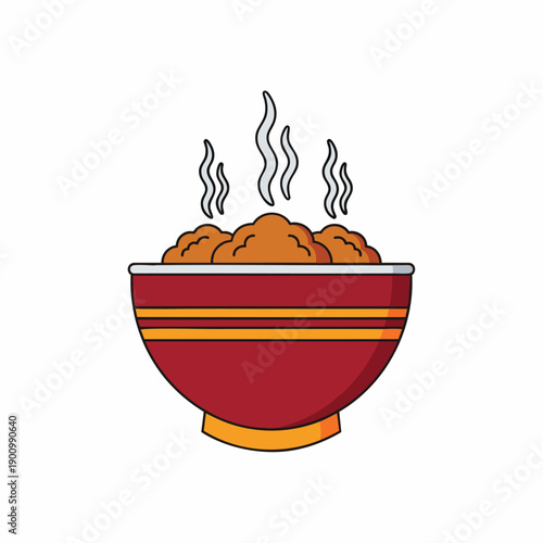 Vector flat icon of a steaming bowl of hot, savory food, ideal for menu design or culinary concepts. Delicious meal illustration