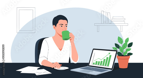 Business growth vector illustration of a person working at a desk with a laptop displaying a financial chart and holding a coffee mug