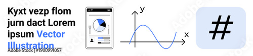 Smartphone with pie chart, graph showing trends on X-Y axes, large metadata tag. Ideal for data analysis, statistics, social media, marketing, technology, education simple landing page