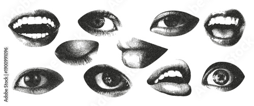 Eyes and lips with effect of monochrome photocopy, for the design of collages. Modern retro vector illustration for mixed media design isolated.