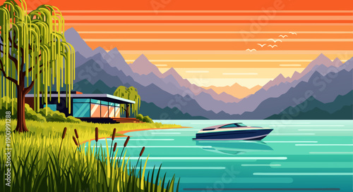 Serene lakeside modern house with a boat on the water, a vibrant vector illustration of a peaceful landscape