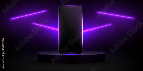 Smartphone mockup on 3D round podium with neon purple lamps, realistic vector illustration. Glowing tech lines and digital light effects for mobile phone app presentation.