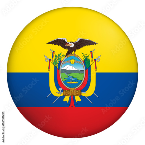 Flag of Ecuador. Glossy circular flag. Button appearance. 3D Icon Design with depth