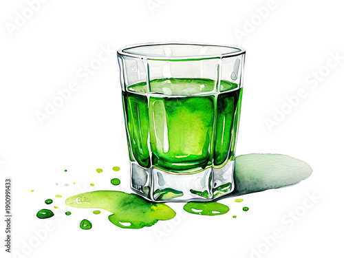 A glass containing a vibrant green liquid sits on a tabletop