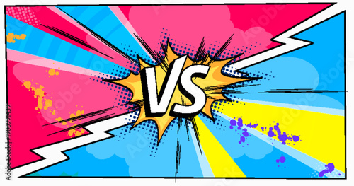 Dynamic comic book versus background with vibrant blue red design and cloud. Abstract vector illustration, retro halftone explosion banner for battle scenes, super hero vs poster with paint splatter