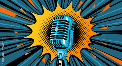 Retro microphone vector illustration with burst effect, perfect for music, podcast, or event promotion