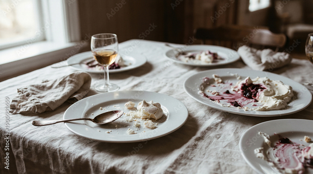 Fototapeta premium Dessert plates with whipped cream and fresh berries on rustic wooden table. Elegant after-dinner indulgence featuring wine glasses and silver spoons. Gourmet sweet treat concept for cafe menus and