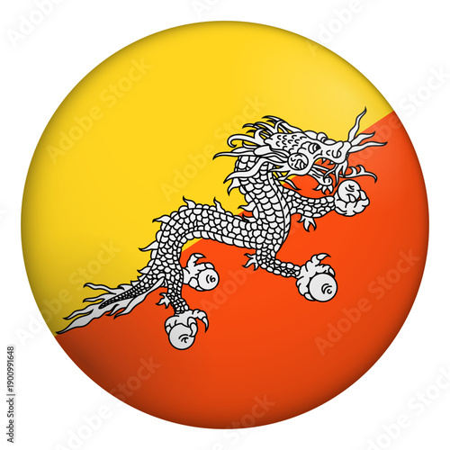 Flag of Bhutan. Glossy circular flag. Button appearance. 3D Icon Design with depth