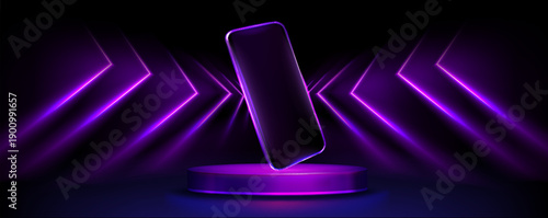 Smartphone mockup on 3D round podium with neon purple glowing geometric shapes, realistic vector illustration. Glowing tech elements and digital light effects for mobile phone app presentation.