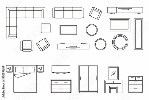 Home Furniture Design, Living Room, Modern Style, Illustration, Minimalist Environment, Top View, Interior Layout Concepts