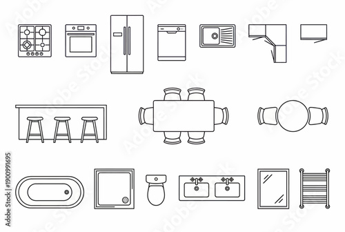 Interior Design Elements, Kitchen and Dining Furniture, Modern Home, Illustration, Contemporary Style, Overhead View, Minimalist Concept