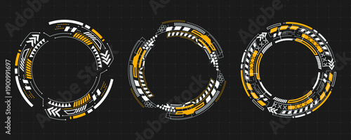 Futuristic round hud interface with circular tech elements and glowing target frames, isolated vector illustration. Abstract icons for cyber game design and sci-fi digital displays