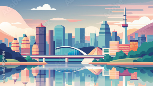 Han River Seoul Minimal Cityscape Vector