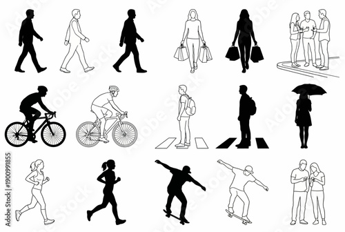 People Engaging in Various Activities in a City Environment, Vector Illustration, Energetic Perspective