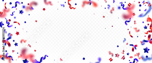 American confetti border with red and blue ribbons falling on transparent background. Patriotic USA frame for July 4th celebration, Independence Day party, or Memorial Day greeting template design.