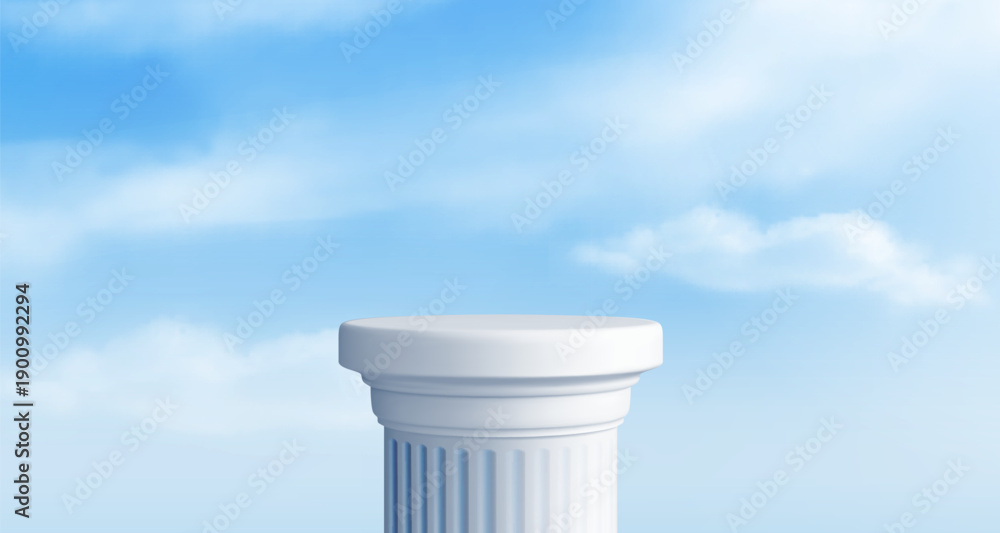 Obraz premium White marble coumn podium, blue sky with clouds realistic vector background. Ancient roman or greek pillar, stand or museum pedestal, product presentation or exhibition, stone platform on nature bg