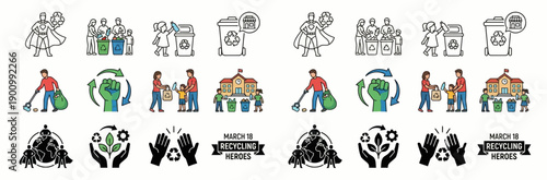 Families Collecting Trash in Park, Illustrative Scene, Eco-Friendly Environment, Inspiring Action