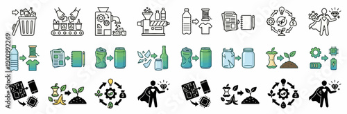 Recycling Initiative, Environmental Icons, Urban Settings, Vector Illustrations, Eco-friendly, Creative Perspective