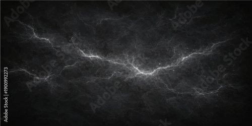 A dark lightning storm illuminates the night sky with blue light flashes through thick clouds and rain over a motion blurred sea texture backdrop