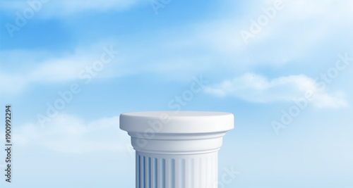 White marble coumn podium, blue sky with clouds realistic vector background. Ancient roman or greek pillar, stand or museum pedestal, product presentation or exhibition, stone platform on nature bg