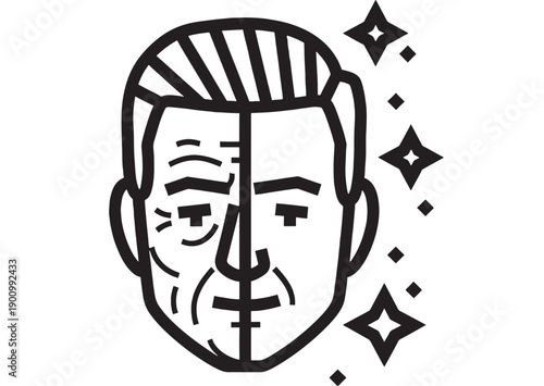 Head silhouette icon with slick combed hair and sparkling stars, minimalist black outline illustration for barber shop logo, grooming branding, and hair styling concept