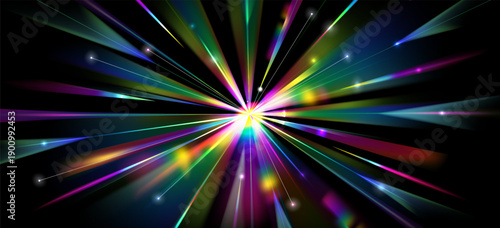 Rainbow light speed motion effect, starburst prism flare on black background abstract vector illustration. 3d explosion with holographic spectrum gradient, radial halo lines, glowing rays and beams