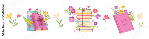 Book stack with flowers cartoon vector illustration isolated on white background. Opened and closed books, tied with string or cord and with bouquet between pages, summer or spring reading elements