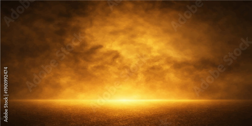 A beautiful abstract landscape background featuring dramatic orange and red sun rays piercing through clouds during a sunset sky to create a fiery horizon at dusk