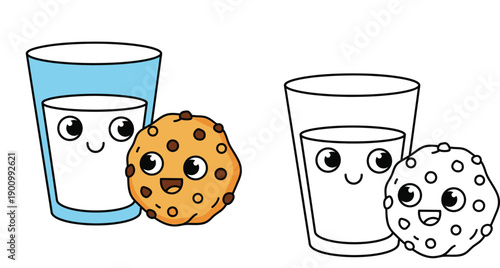 Cute cartoon milk and chocolate chip cookie characters vector illustration with black and white outline version for coloring book page. Happy kawaii food friends.