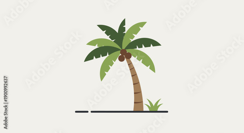 Flat illustration of a leaning coconut palm tree with coconuts and grass on a plain background.