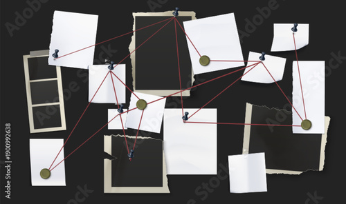 Detective investigation board with crime evidence, photo frames, pins and red string connecting clues on blackboard background. 3d realistic vector illustration of police case analysis workspace