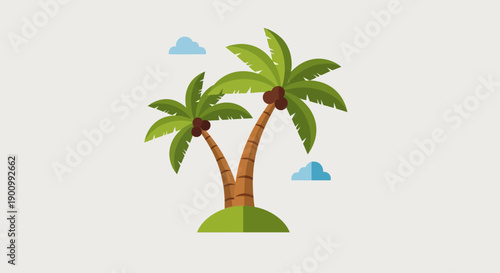 Flat design palm trees on island with coconuts and clouds, tropical vacation concept.