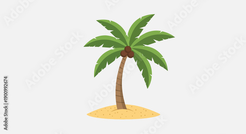 Tropical Palm Tree with Coconuts on Sandy Island, Flat Design