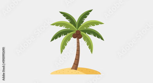 Tropical Palm Tree with Coconuts on Sandy Island - Flat Vector Illustration