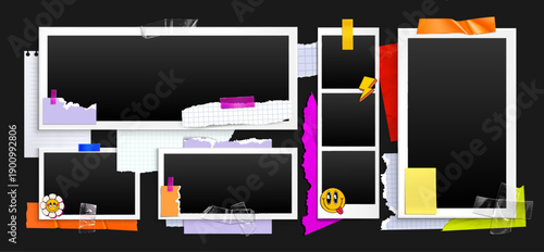 Vintage photo collage with white paper frames, transparent adhesive tape and color Y2K smiling stickers. Realistic vector illustration of nostalgic scrapbook aesthetic, torn page edges, retro camera