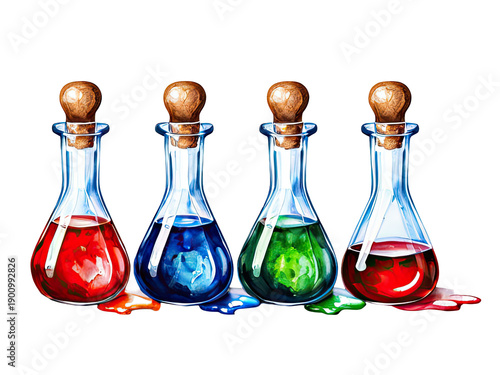 Three glass containers filled with colored liquids