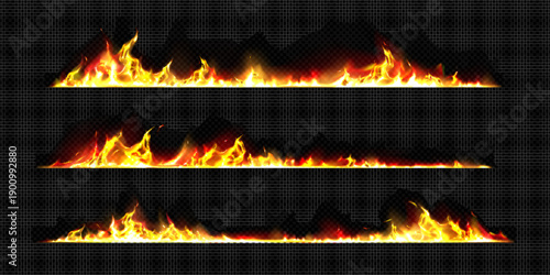 Burning edge set with fire and smoke isolated on transparent background. Vector realistic illustration of burnt border lines with hot orange flames, smoldering paper sheet, fireplace design element