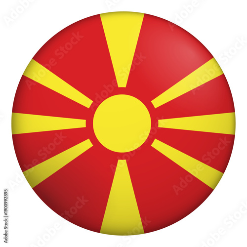 Flag of North Macedonia. Glossy circular flag. Button appearance. 3D Icon Design with depth