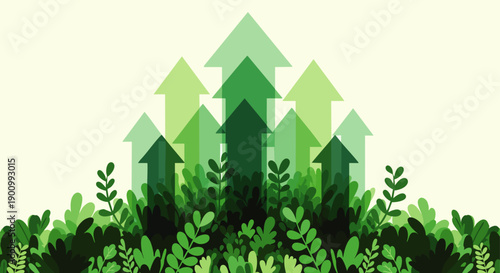 Green arrows pointing upwards from lush foliage, symbolizing growth, progress, and environmental sustainability.