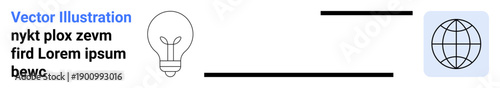 Ideas, innovation, creative thinking, global business, technology, connection. Minimalist light bulb and globe icons with lines. Ideas and innovation by light bulb and globe connection