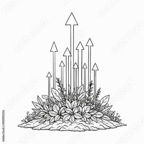 Upward arrows emerging from lush green plants and soil, symbolizing growth, progress, and success in business and nature.