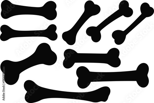 Black cartoon bone silhouettes collection isolated on white background, dog chew and skeleton shapes set, minimal vector illustration for pet, Halloween, icons, and design projects