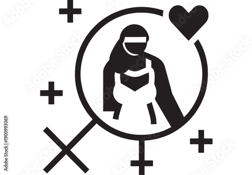 Woman healthcare icon with pregnant silhouette inside female symbol, heart and medical cross signs, black and white flat pictogram for maternity clinic