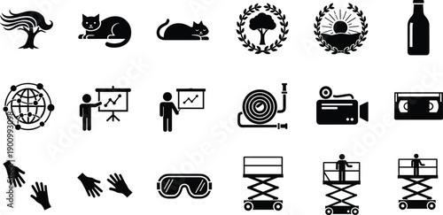 Black silhouette icon set collection, animals, business, safety, media, construction, nature symbols, modern minimal pictograms isolated on white background