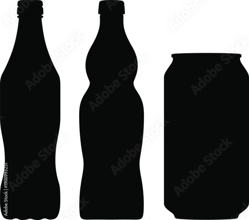 Black beverage bottle and can silhouettes isolated on white background, drink packaging shapes set, minimal vector illustration for branding, mockups, labels, and design projects